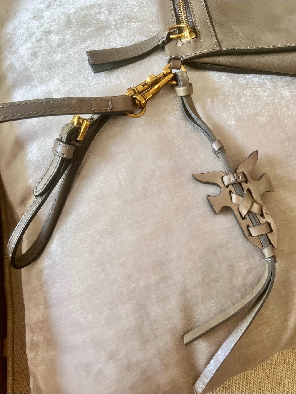 Frye Gray-Taupe Leather Crossbody with Gold Hardware. - Picture 3 of 9